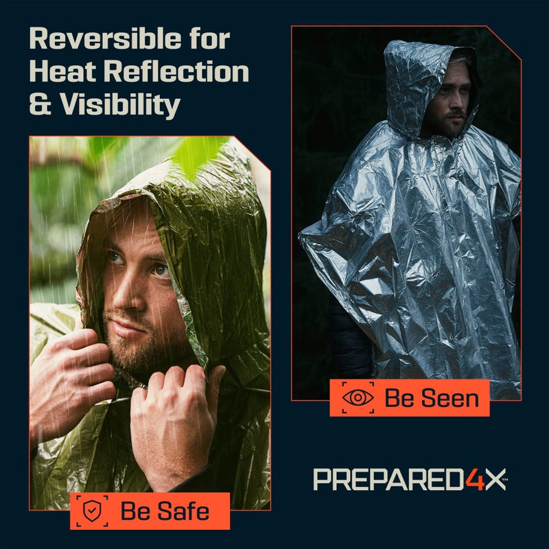 PREPARED4X Emergency Poncho with Mylar Blanket Liner â€“ Heavy Duty, Waterproof, Wind-Resistant Green Rain Poncho for Outdoors, Camping, and Car Emergency Kits - Thermal Poncho - 4 Pack (Camo) - Image 4